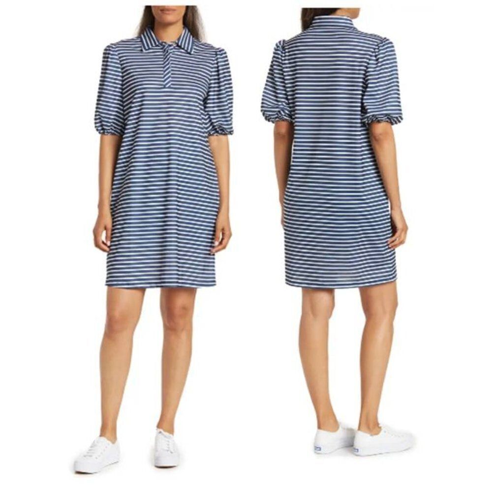 C Wonder Women's Puff Sleeve Mini Shirt Dress Party Striped Navy White Large $79